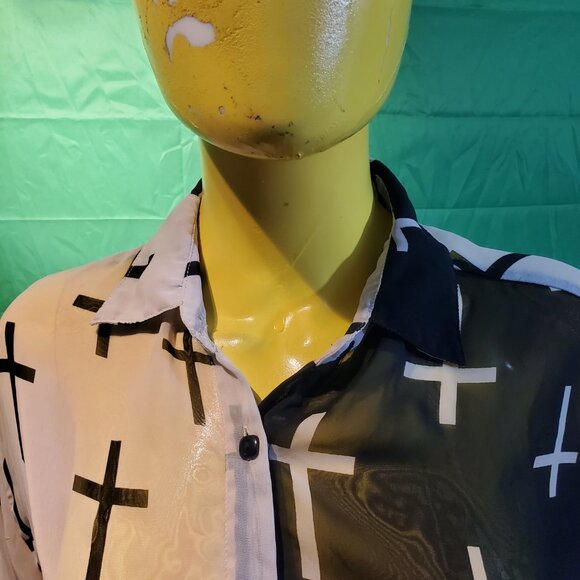 Kpop style black and white button down shirt long sleeves cross pattern goth - Picture 9 of 10